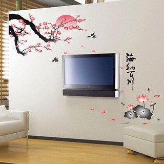 Decal dán tường cành đào kết hợp sen cá