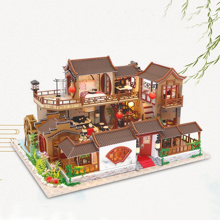 Mô hình nhà DIY Doll House A Splendid Family Kèm Mica Chống bụi, Bộ dụng cụ, Keo dán và Bộ phát nhạc