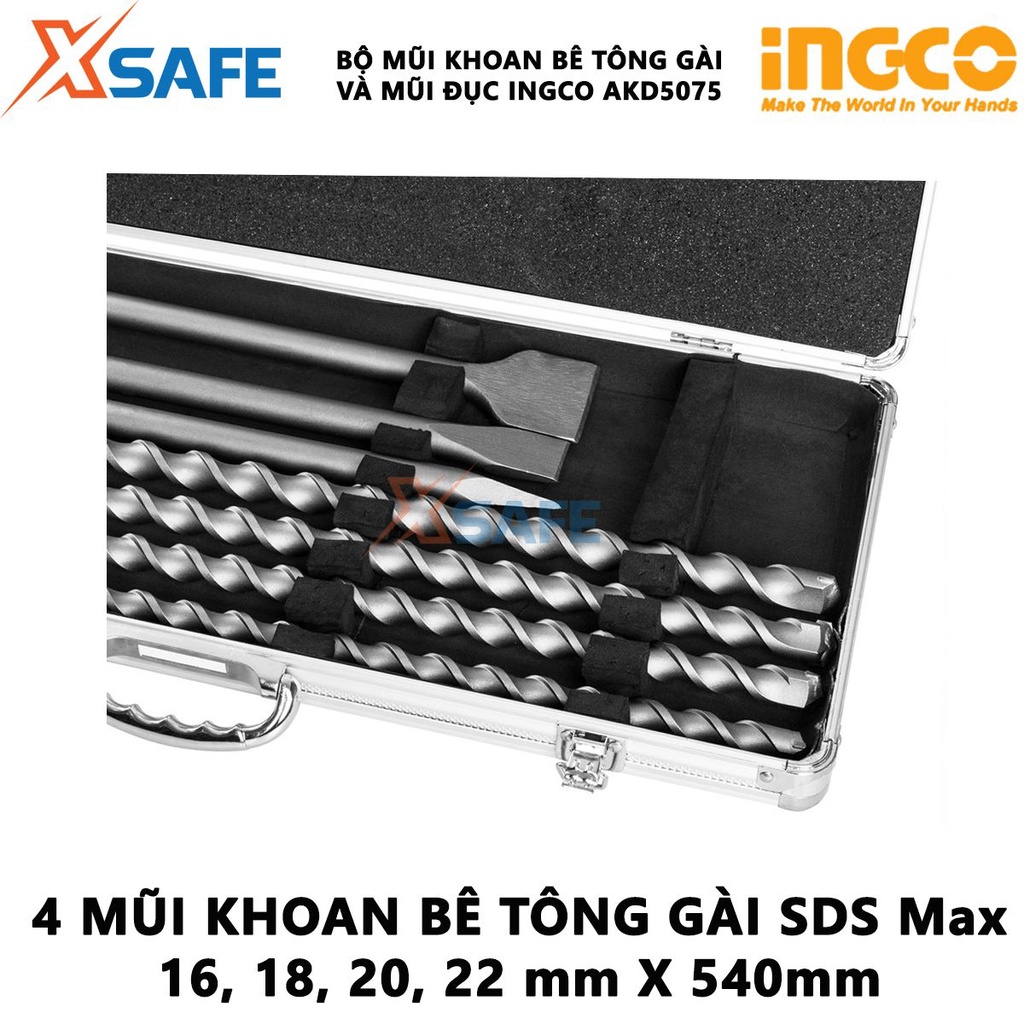 Bộ mũi khoan bê tông gài SDS Max và mũi đục INGCO AKD5075 | bộ mũi khoan và mũi đục bê tông sử dụng cho máy khoan đục