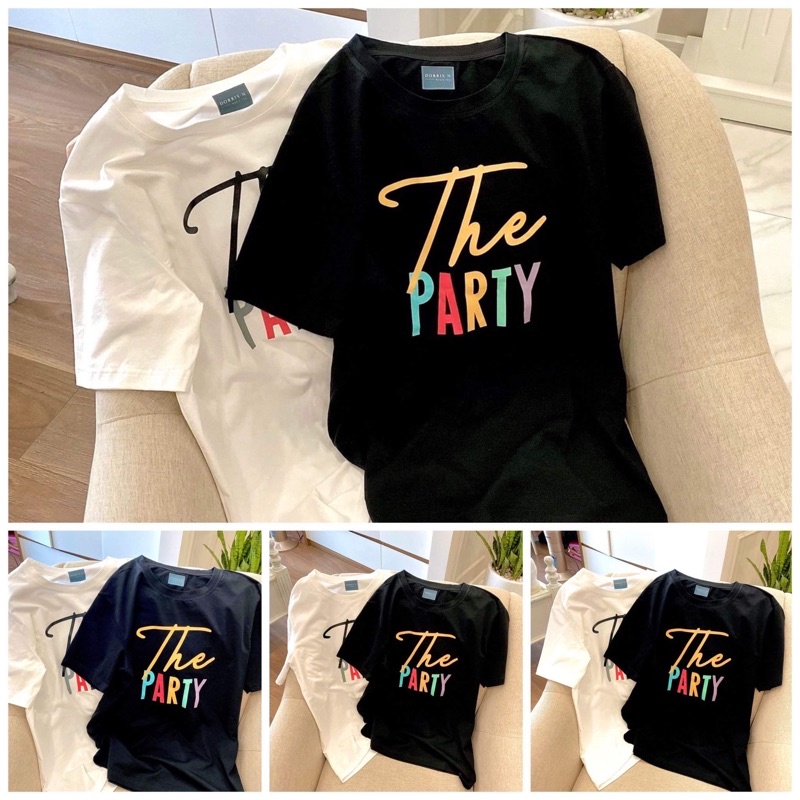 Áo Phông Nam Nữ Tay Lỡ Cổ Tròn In Chữ THE PARTY Chất Vải Cotton Mềm Mịn Co Giãn Thoáng Mát Mix Quần Short Chân Váy