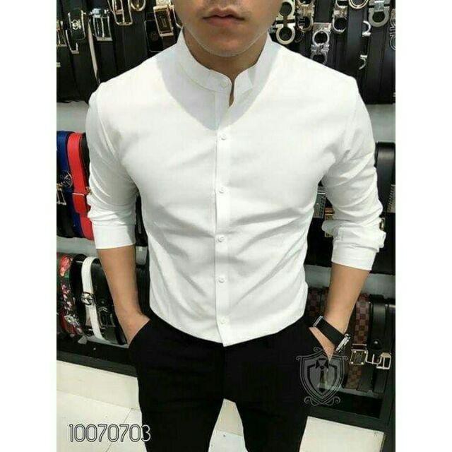 Sơ mi nam cổ tàu Màu Trắng loại đẹp dáng ôm body hàn quốc, không nhăn | BigBuy360 - bigbuy360.vn