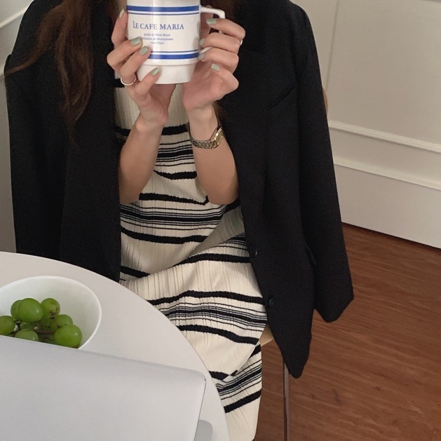 Đầm dệt kim ZHELIHANGFEI sát nách cổ tròn họa tiết sọc ngang thời trang trẻ trung cá tính cho nữ