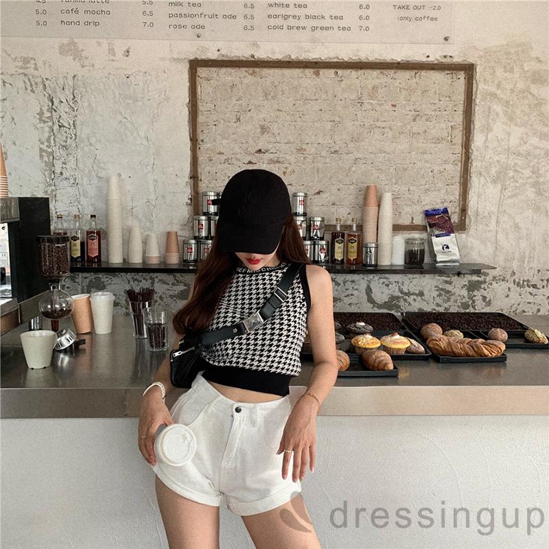 Áo Croptop Dệt Kim Cổ Tròn Không Tay In Chữ Cá Tính Cho Nữ