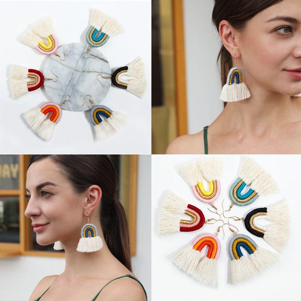 Bông Tai Dáng Dài Phối Tua Rua Màu Cầu Vồng Phong Cách Vintage