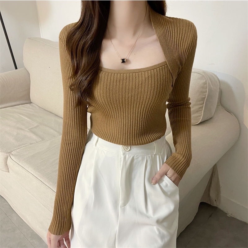 Áo len tăm cổ vuông vạt ngoài