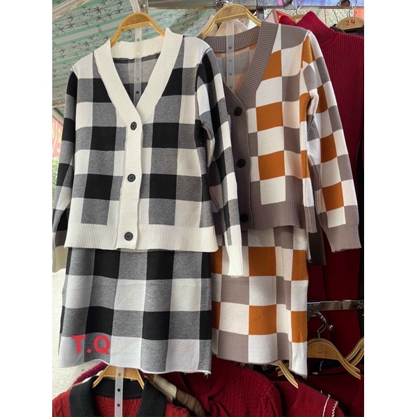 Set áo len cadigan kèm chân váy len QC cao cấp