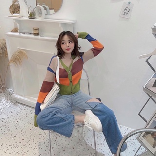 Quần jean ống rộng lưng cao rách ombre ulzzang