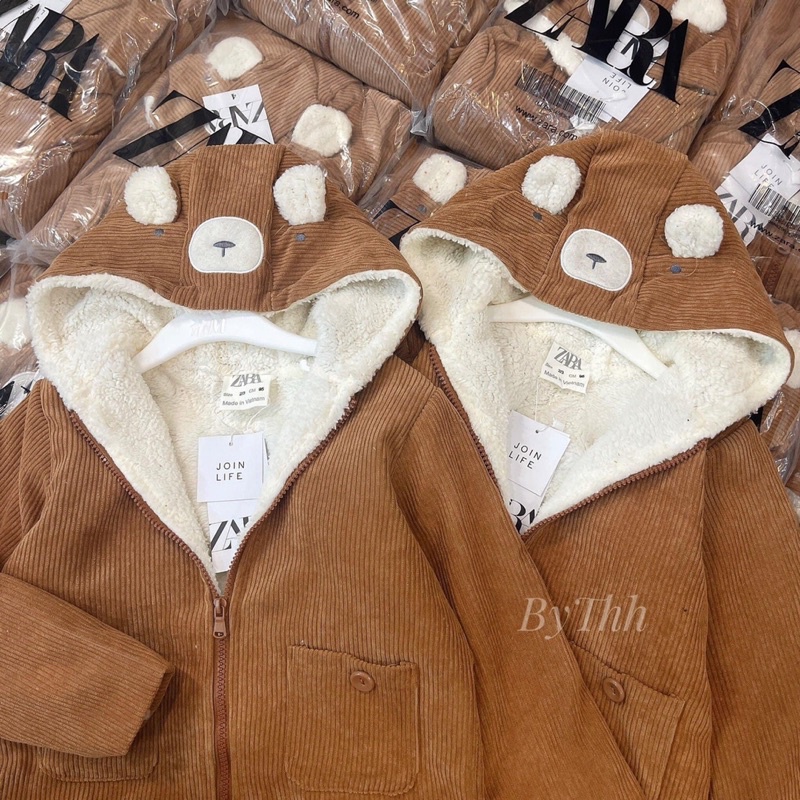 Áo khoác ngoài ấm mùa đông nhung tăm lót lông ấm ko rụng, chất dày dặn mềm mịn màu nâu tây sạch đẹp có mũ tai gấu xinh