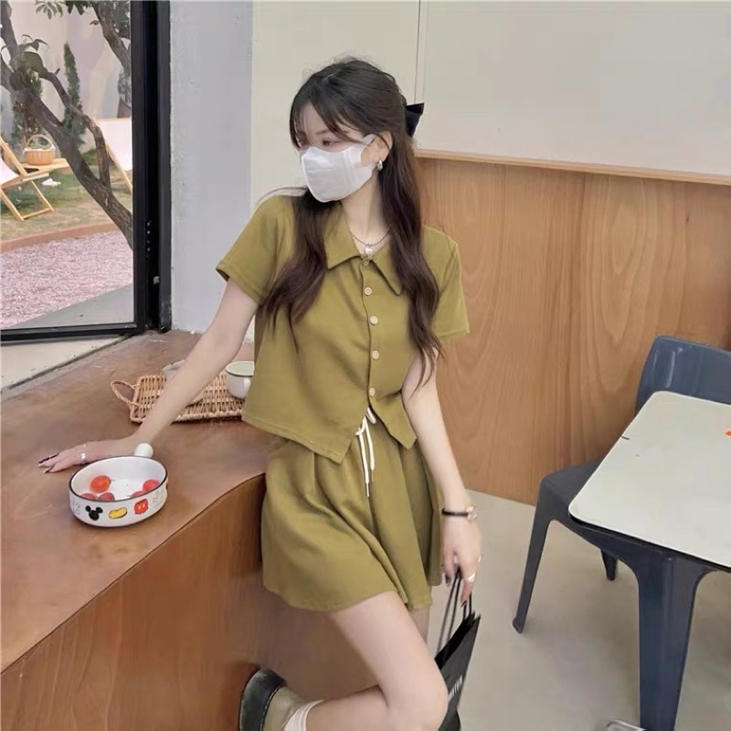 Set bộ áo croptop CÚC CHÉO mix quần short giả váy ống rộng (Ảnh thật)