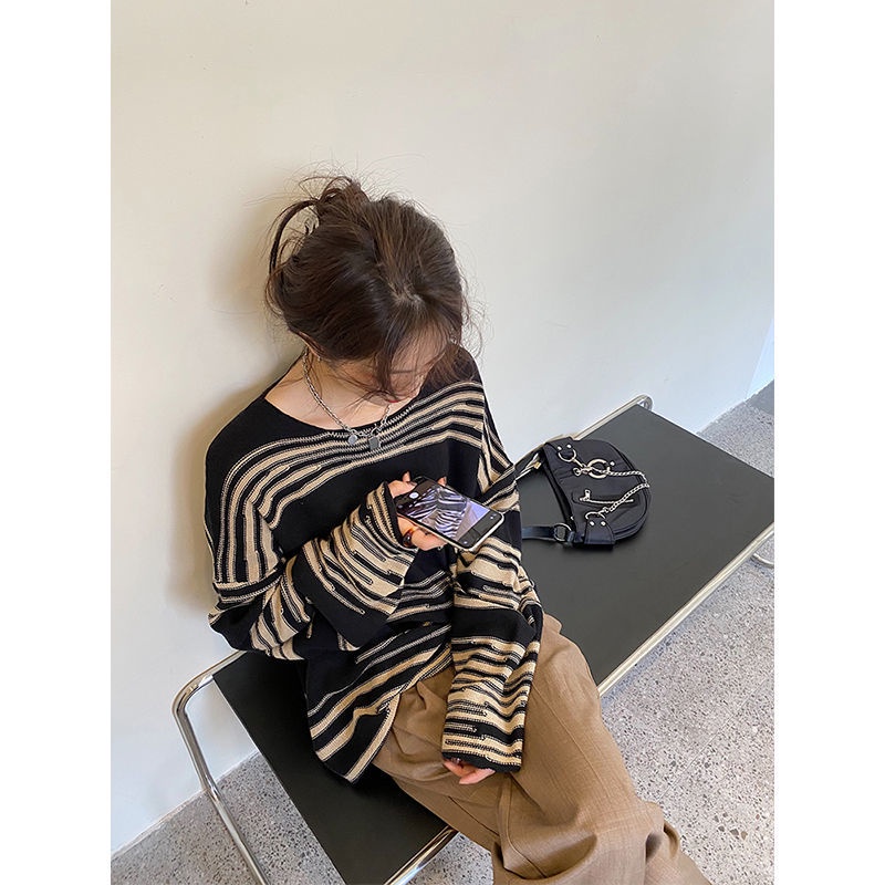 Áo Sweater Dệt Kim Dáng Rộng Kẻ Sọc Thời Trang Mùa Xuân Cho Nữ