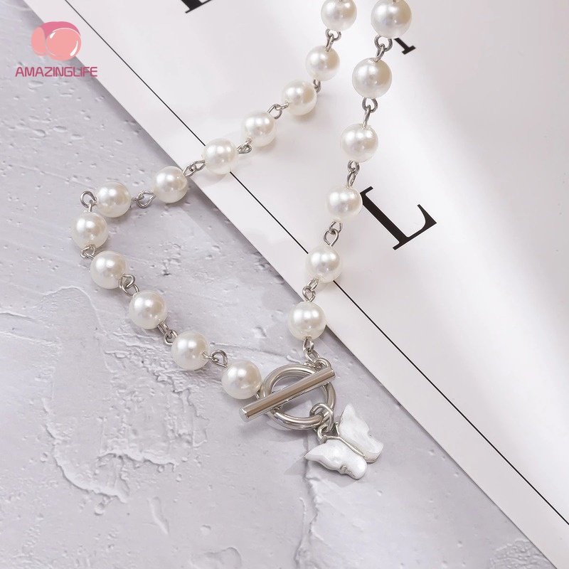 Vòng Tay Chuỗi Hạt Ngọc Trai / Bạc Mặt Hình Bướm Màu Sắc Ngọt Ngào Thanh Lịch