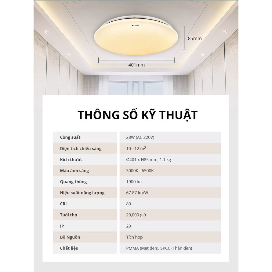 Đèn trần ánh sao Starry Panasonic HHXZ301788 28W cho phòng ngủ hiệu ứng ánh sáng lấp lánh, chế độ ngủ, thư giãn, hẹn giờ