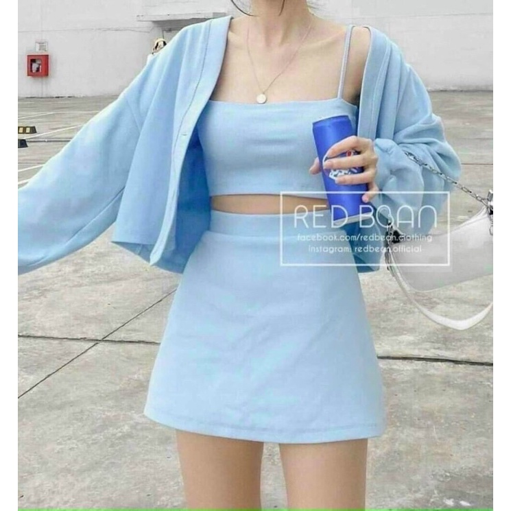 SET TIỂU THƯ 3 MÓN HÀN QUỐC CHẤT THUN DÀY SỊN XÒ CHÂN VÁY, ÁO HAI DÂY KÈM KHOÁC NGOÀI