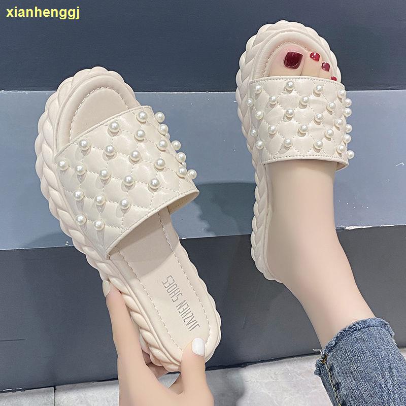 Dép quai ngang đế dày đính ngọc trai giả thời trang mùa hè cho nữ