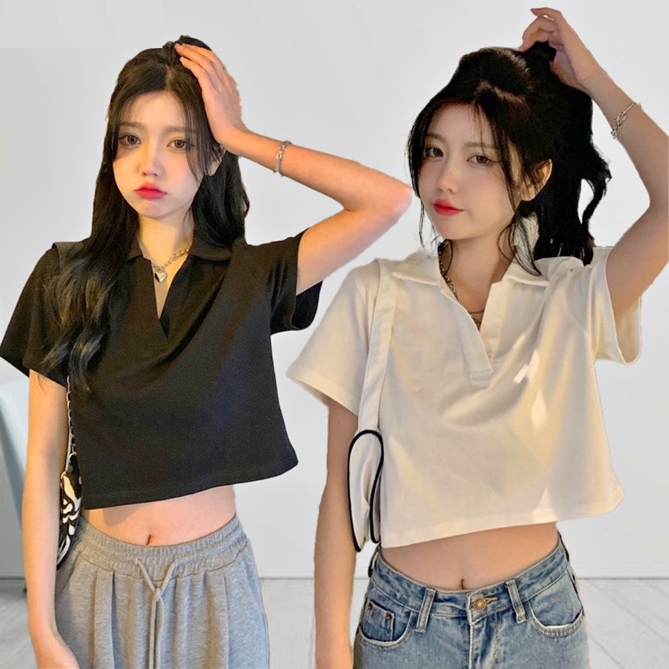 [Mã SKAMFSW175 giảm 10K đơn 50K] Áo croptop polo cổ bẻ nữ - Áo cộc tay thun trơn cổ sơ mi dáng cộc, thiết kế cá tính HOT | BigBuy360 - bigbuy360.vn