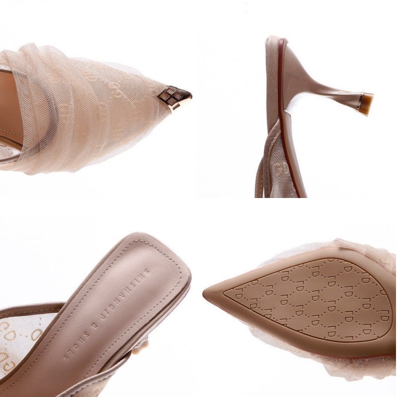 Dép Sandal Cao Gót Nữ 6 phân Mũi Nhọn Phối Kim Loại Thời Trang