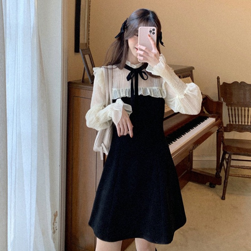 Váy Tay Bồng Nơ Đen ⚡️ẢNH THẬT⚡️Váy Đầm Cotton, Dáng Xinh Tay Dài Cho Nữ