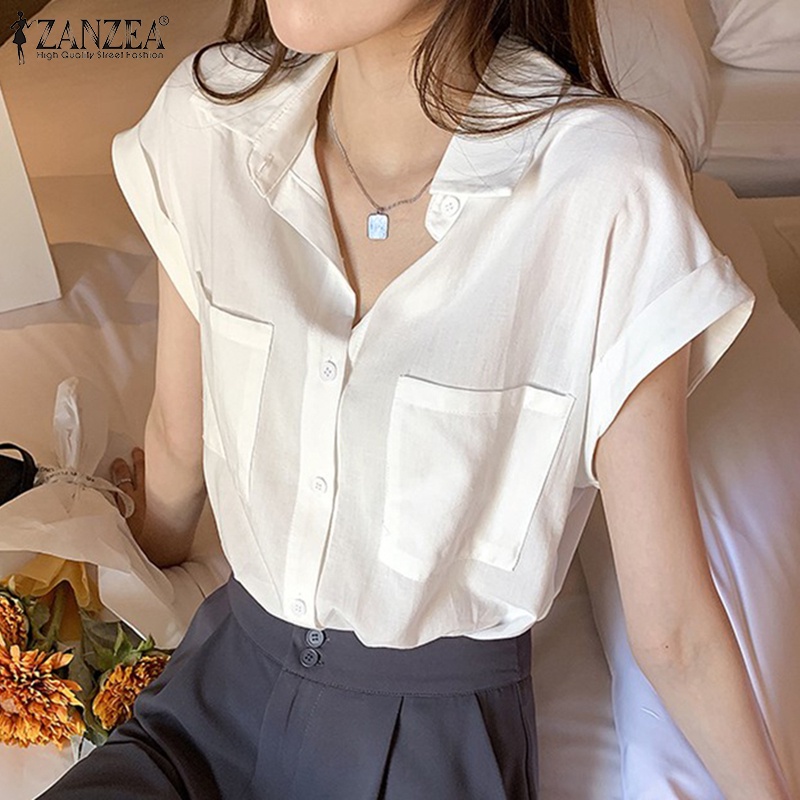 Áo sơ mi ZANZEA tay ngắn cổ bẻ màu trơn phong cách Hàn Quốc đơn giản dễ phối đồ dành cho nữ