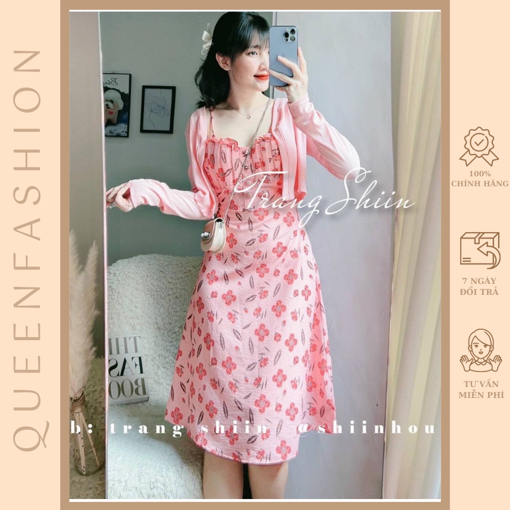 Set đầm 2 dây hoa kèm áo khoác dễ thương