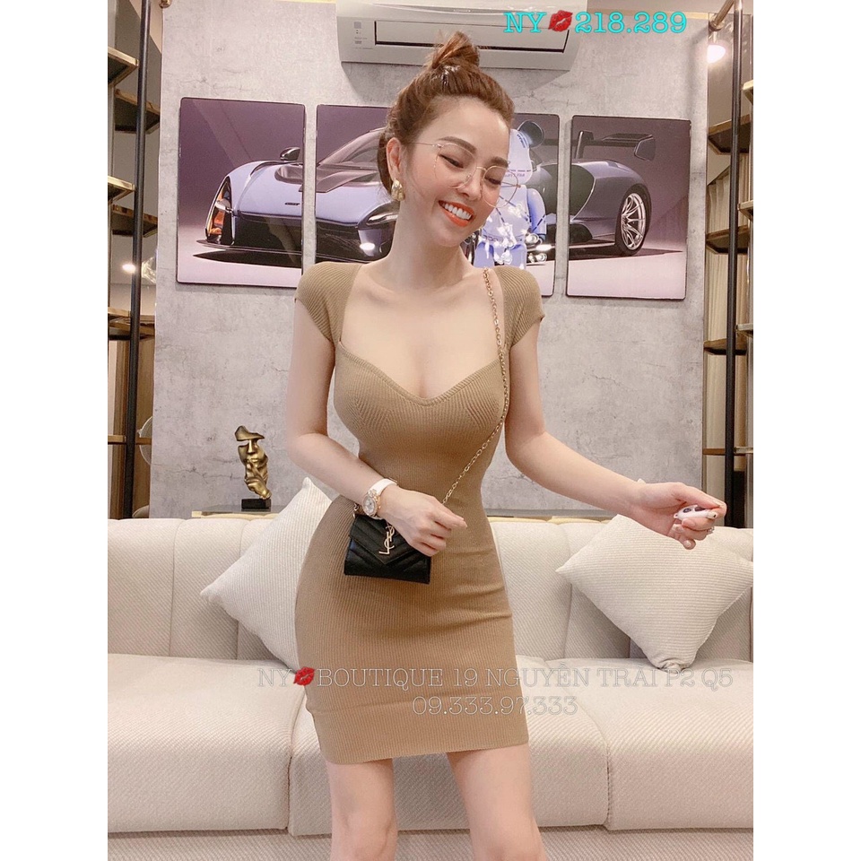 đầm gân body kiểu cổ vuông rộng cúp ngực