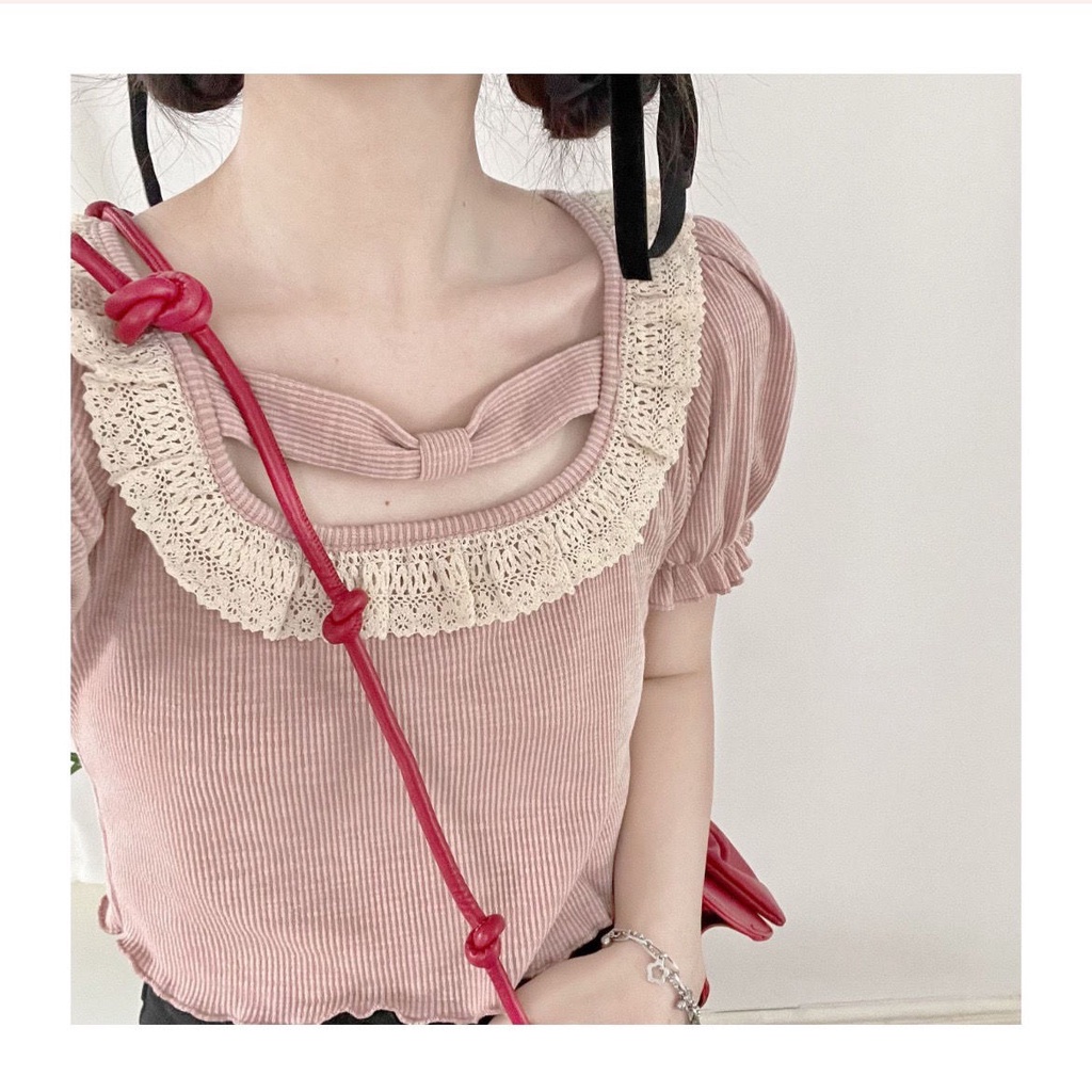 Áo Thun Ngắn Tay Cổ Vuông Dáng Rộng Phối Ren Dễ Thương Thời Trang Mùa Hè Cho Nữ