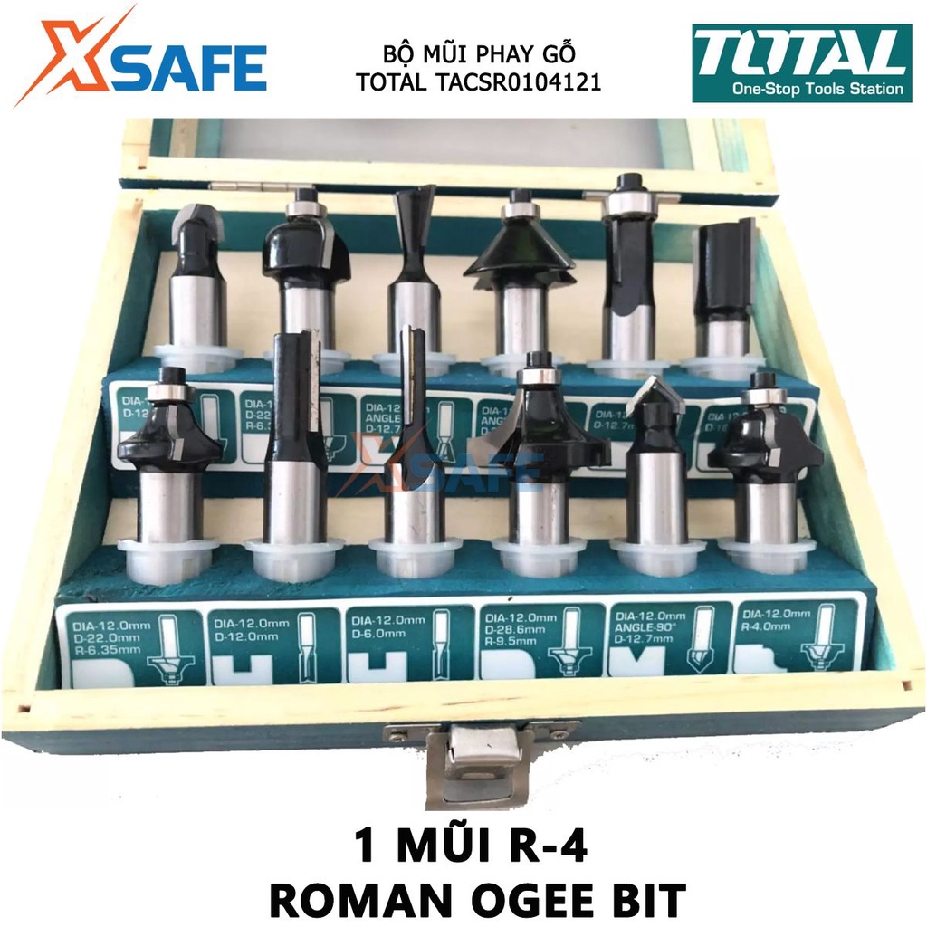 Bộ mũi phay gỗ TOTAL bộ 12 mũi phay soi gỗ Đường kính mũi từ 1/4&quot;(6.3mm)-1/2&quot; (12.7 mm), Gồm 3 mũi thẳng 6mm, 12mm, 16mm