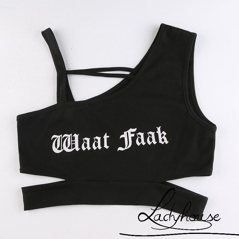 Áo Croptop Khoét Vai Màu Đen In Chữ Phong Cách Punk Cá Tính Cho Nữ