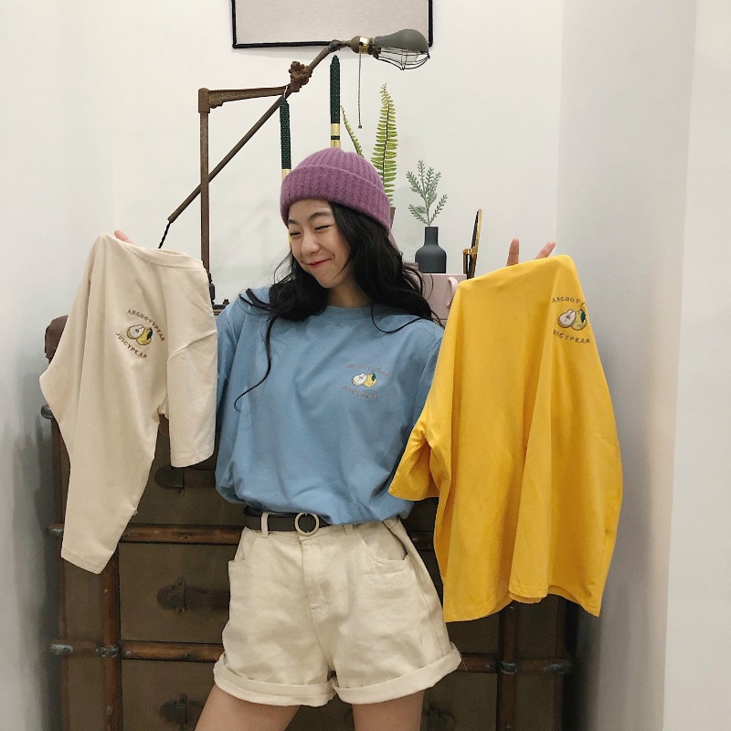 Áo thun tay lỡ unisex thêu hình trái cây / Áo phông form rộng