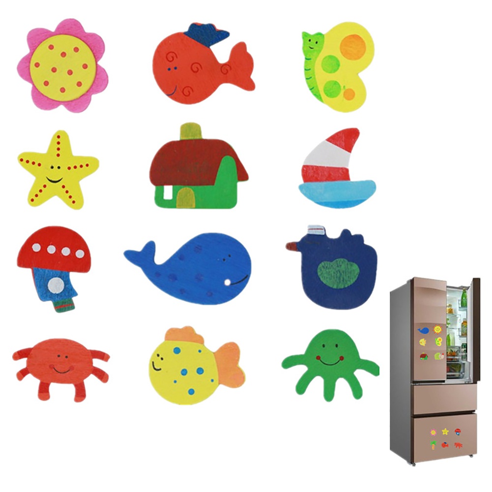|Superbaby| Set 12 Nam Châm Dán Tủ Lạnh Bằng Gỗ Hoạ Tiết Hoạt Hình Đáng Yêu Cho Bé