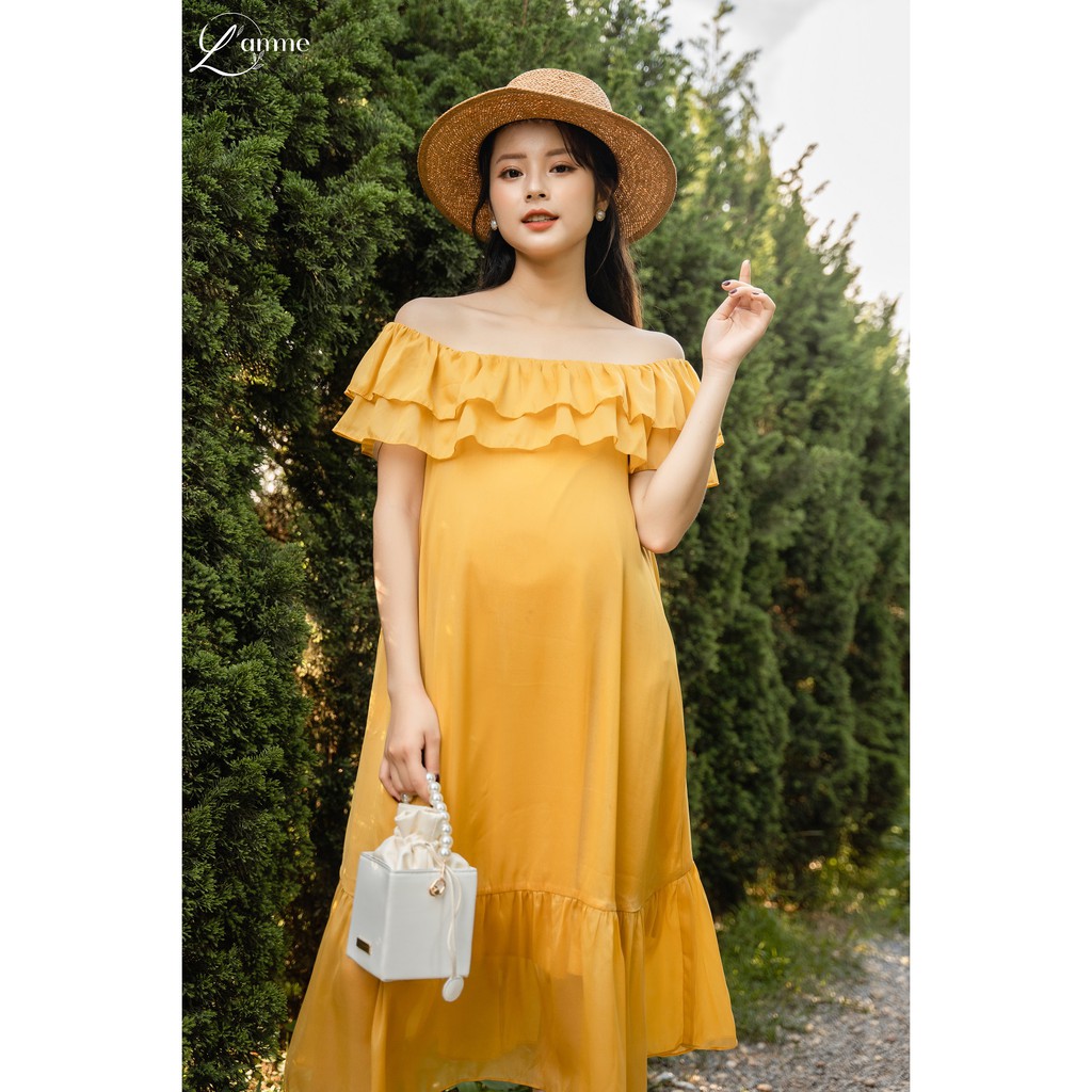 Váy bầu đẹp Junia Dress chất tơ 2 lớp mềm dịu nhẹ, kiểu dáng suông trễ vai cho mẹ bầu làm điệu  by LAMME