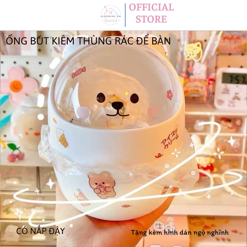 Ống đựng bút để bàn kiêm thùng rác mini hình gấu nắp lật bằng nhựa (tặng kèm sticker) Xiaomimi 5522444