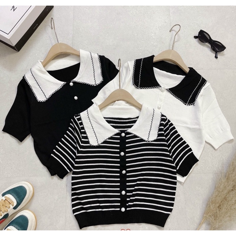 Áo Len Thu Đông Nữ Cổ Polo Khác Màu Phối Nút Ngọc Siêu Xinh Form Vừa Chất Len Mongtoghi | BigBuy360 - bigbuy360.vn