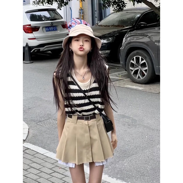 Áo thun XINLANYASHE dệt kim dáng rộng cổ chữ U họa tiết kẻ sọc thời trang mùa hè cho nữ