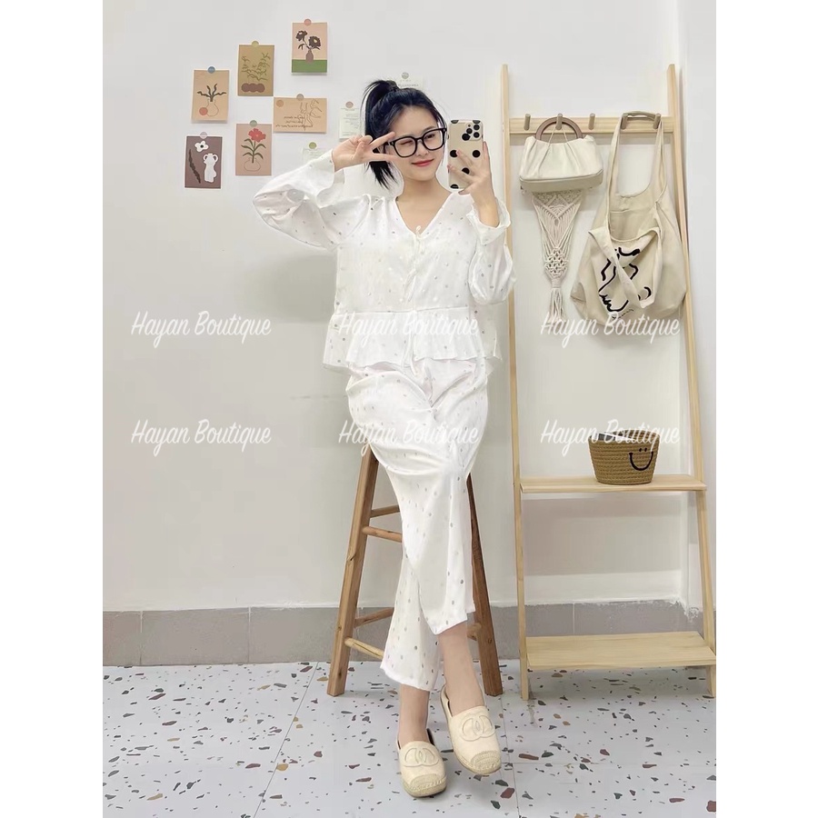 HT108 Bộ ngủ dài tay chấm bi ánh kim, đồ ngủ lụa mặc nhà tiểu thư sang chảnh HT108