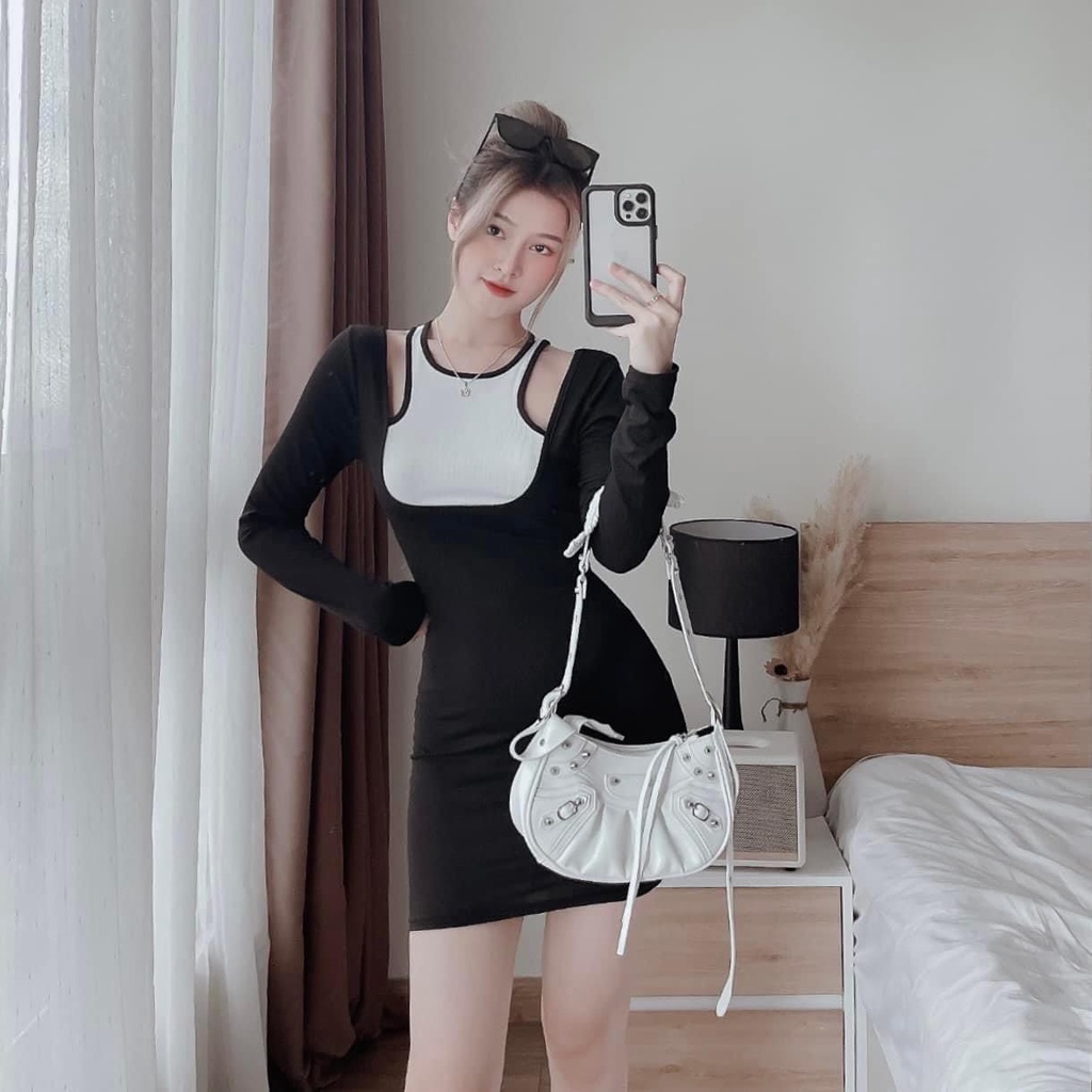 Đầm Body Tay Dài Khoét Vai Phối Viền