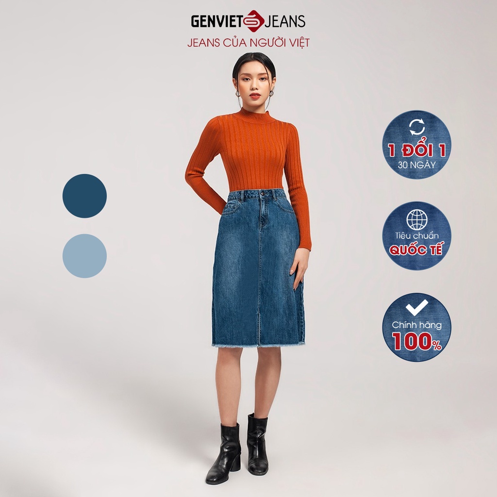 Chân Váy Jeans Nữ Dài Qua Gối Chân Váy Bò Cạp Cao Xẻ Trước Co Dãn GENVIET TJ223J1600