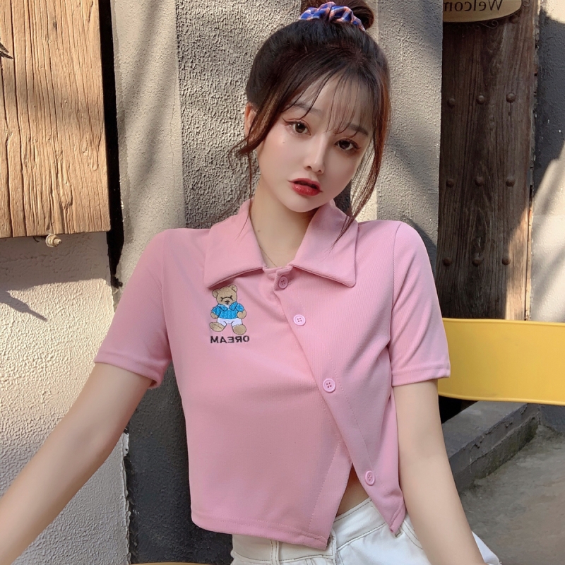 Áo crop top tay ngắn họa tiết thêu xinh xắn dễ thương