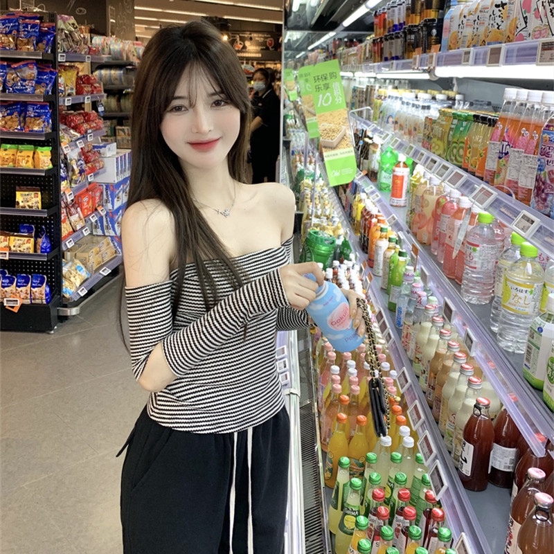 Áo Thun Tay Dài Trễ Vai Kẻ Sọc Thời Trang Mùa Hè Quyến Rũ Dễ Phối Đồ Cho Nữ