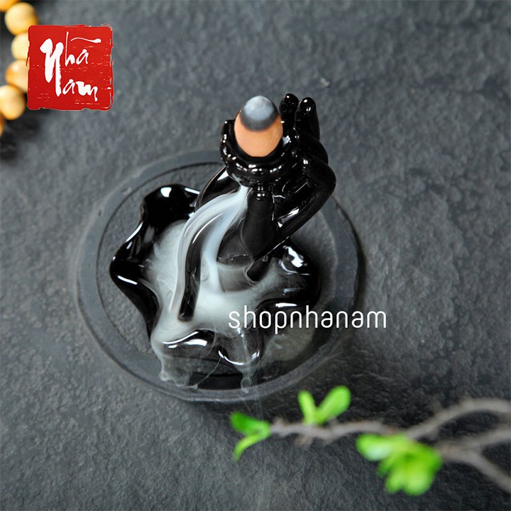 [Bán sỉ] Thác khói trầm hương để bàn niêm hoa vi tiếu tay phật phật thủ màu đen