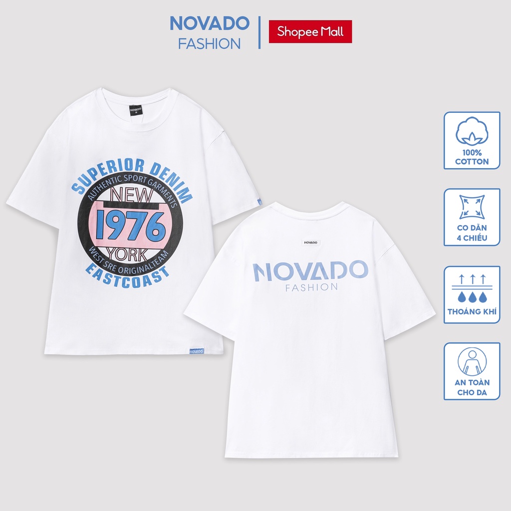 Áo Phông Form Rộng Unisex Novado Fashion New York 1976 Cotton 4 Chiều Nam /Nữ Dày Dặn Thoáng Mát Trắng N9T-NY