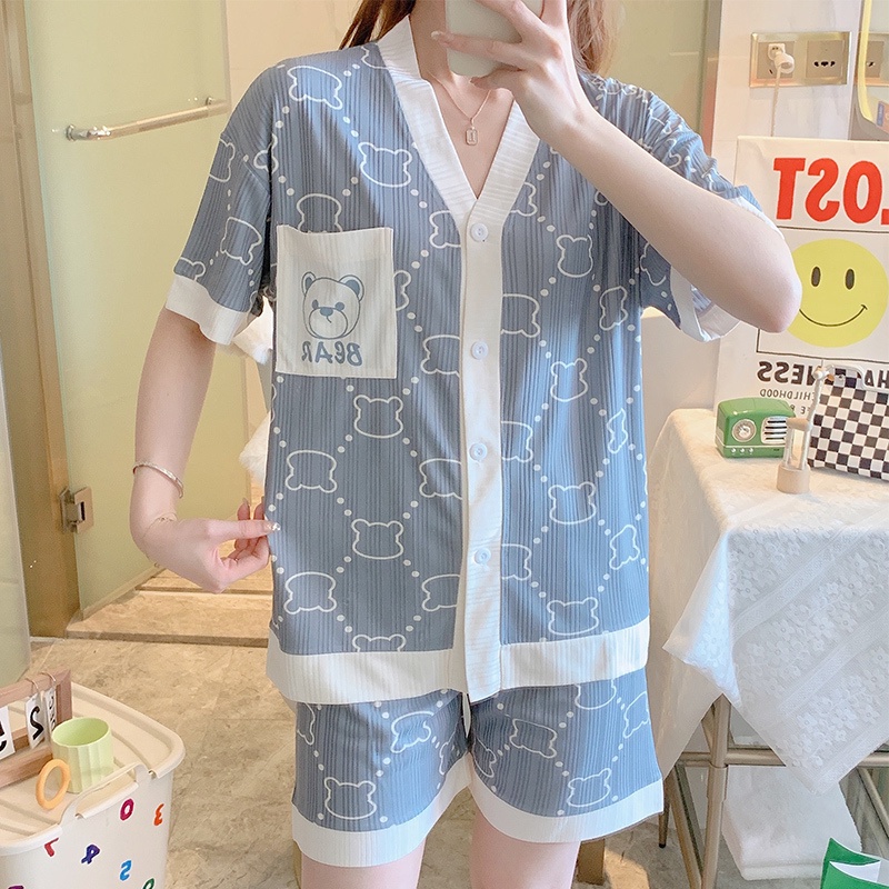 Bộ Đồ Ngủ Ngắn Tay In Hình Gấu Dễ Thương Dành Cho Nữ