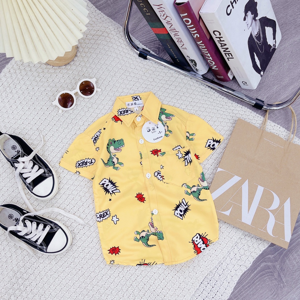 AT05 - Áo sơ mi bé trai, áo sơ mi cho bé trai in hình ngộ nghĩnh, chất đũi từ 8-25kg