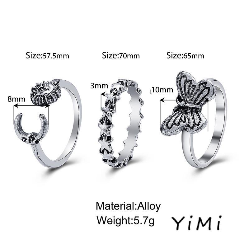 [mo] Bộ 3 Nhẫn Hình Ngôi Sao Mặt Trăng Sáng Tạo Phong Cách Retro