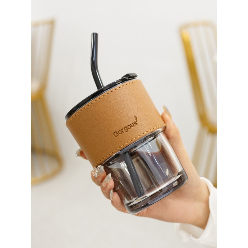 PVN44466 Cốc giữ nhiệt thủy tinh tặng kèm bao da ống hút, ly chịu nhiệt dùng uống cafe sang chảnh