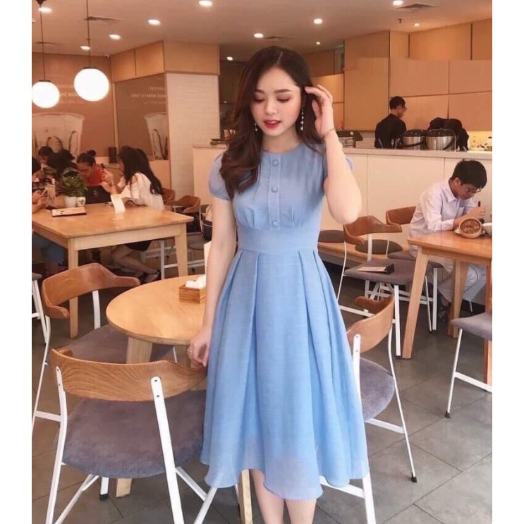 Đầm voan xòe dài tay con đính nút 2 lớp siêu xinh