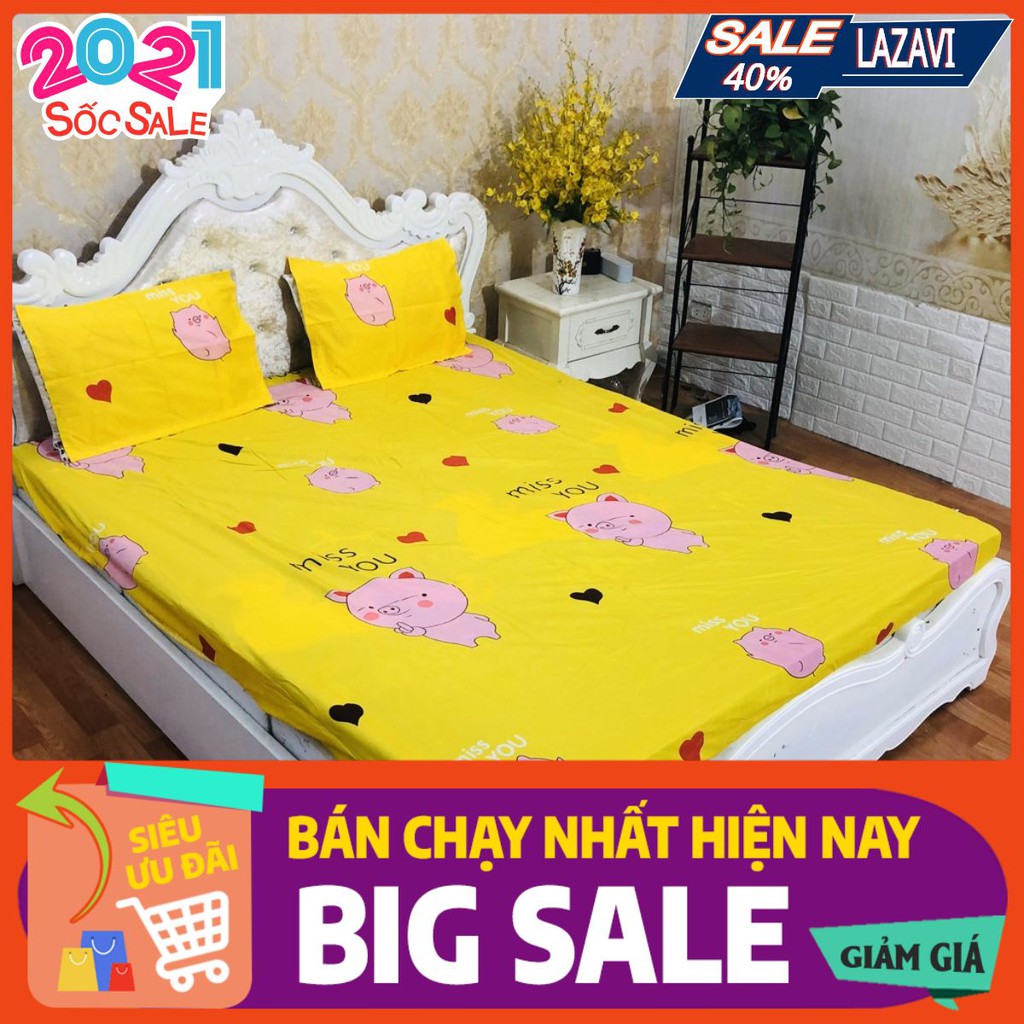 Bộ ga gối 1m6 cotton poly đệm dày 15cm mẫu heo hồng