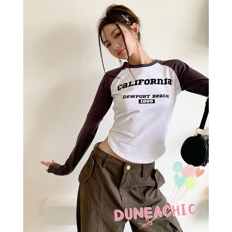 DUNEA Áo Thun Tay Dài Hở Vai In Chữ Thời Trang Dành Cho Nữ