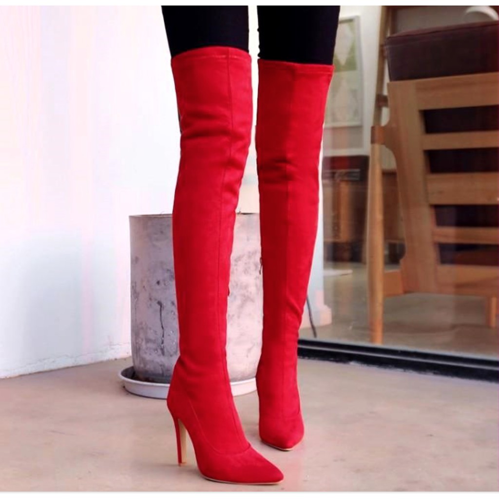 Boot đùi nữ da lộn màu đỏ THỜI THƯỢNG GCC0403