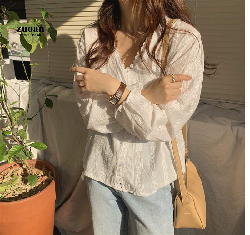 Áo kiểu SUXI dài tay cổ chữ V viền ren thời trang Hàn Quốc đơn giản