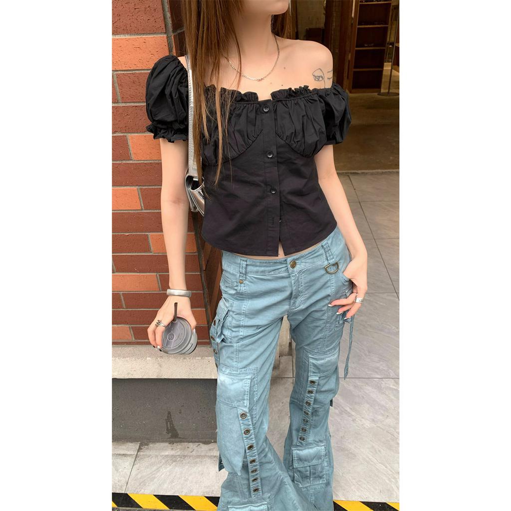 Áo Sơ Mi Ngắn Tay Phồng Ôm Eo Thời Trang Dành Cho Nữ